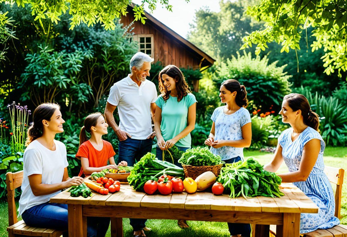 A serene family gathering in a lush, green garden full of vegetables and herbs, showcasing diverse family members engaging in sustainable activities like planting and harvesting. The background includes a rustic wooden table laden with fresh produce and natural elements like trees and flowers. Soft sunlight filters through the leaves, casting gentle shadows to create a warm and inviting atmosphere. The overall vibe is vibrant, promoting a healthy and nurturing family life. vibrant colors. 3D.