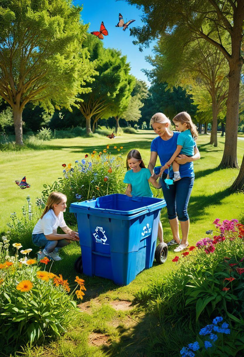 A scenic family adventure in a lush green park, featuring parents joyfully engaging with their children while planting trees and picking up litter. Include vibrant wildflowers, butterflies fluttering around, and a bright blue sky. Capture a sense of harmony with nature, showcasing sustainable practices like recycling and gardening. super-realistic. vibrant colors. natural light.